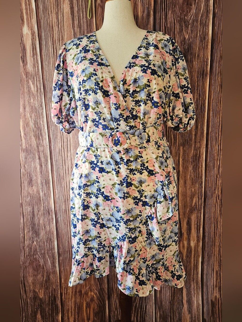 Nasty Gal Floral Faux Wrap Ruffle Mini Dress Size 18